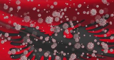 Albania national flag closeup waving animation background with virus molecules, epidemic pandemia