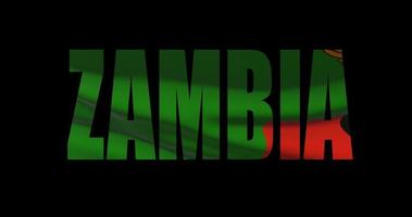 Zambia country name with national flag waving. Graphic layover video