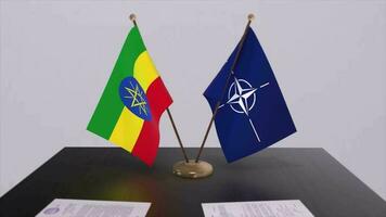 Ethiopia country national flag and NATO flag. Politics and diplomacy illustration video