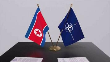 North Korea country national flag and NATO flag. Politics and diplomacy illustration video
