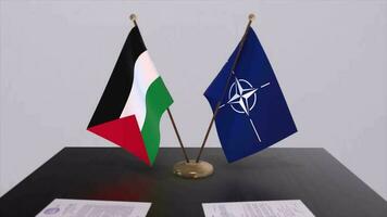 Palestine country national flag and NATO flag. Politics and diplomacy illustration video