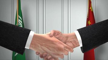 Saudi Arabien und China Beamte Geschäft treffen. Diplomatie Deal Animation. Partner Handschlag 4k video