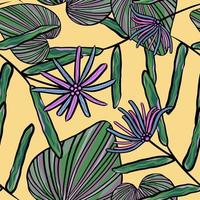 Tropical exotic leaves and flower vector seamless pattern. foliage illustration. Botanical illustration background.