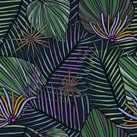 Tropical exotic leaves and flower vector seamless pattern. Jungle foliage illustration. Botanical illustration on dark background.