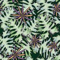 tropical exótico hojas y flor vector sin costura modelo. selva follaje ilustración. botánico ilustración en oscuro antecedentes.