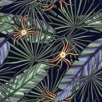 Tropical exotic leaves and flower vector seamless pattern. Jungle foliage illustration. Botanical illustration on dark background.