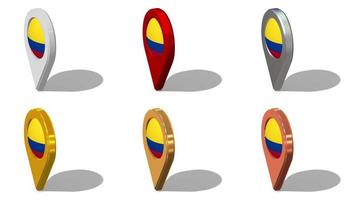 Colômbia bandeira 3d localização ícone desatado looping rotação dentro diferente cor, 3d Renderização, em loop animação, croma chave, luma fosco seleção