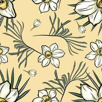 Tropical exotic leaves and flower vector seamless pattern. foliage illustration. narcissus flower, daffodil. Botanical illustration background.