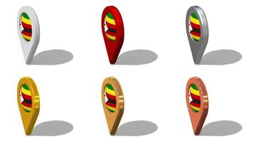 Zimbabue bandera 3d ubicación icono sin costura bucle rotación en diferente color, 3d representación, serpenteado animación, croma llave, luma mate selección video