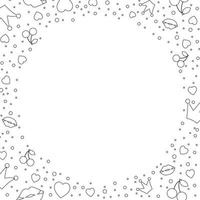 Universal template round shape frame with doodle hearts, crowns, lips, cherry. Vector design on a white background.