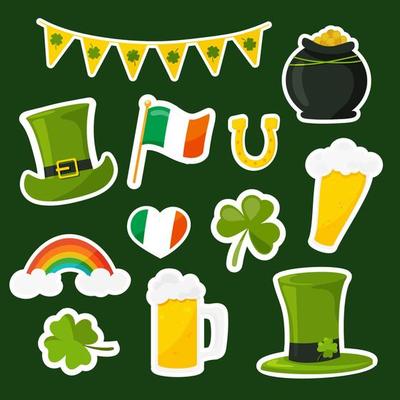 Elements set for St Patrick Day. Beer, rainbow, flag of Ireland, clover, hat and bunting garland. Vector stickers set.