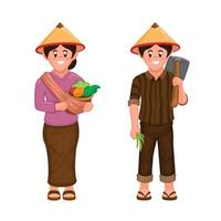 Asian Farmer village couple family character traditional clothing symbol set illustration vector