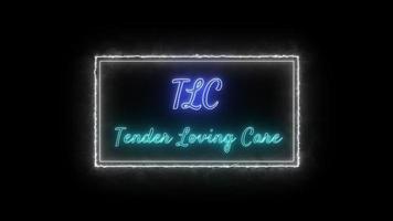 TLC - Tender Loving Care Neon green-blue Fluorescent Text Animation white frame on black background video