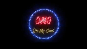 OMG - Oh My God Neon Red-yellow Fluorescent Text Animation blue frame on black background video