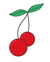 Two red cherries on the branch with leaves. Fruit vector illustration. Dessert sweet cherry food sticker icon.
