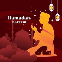 ramadan kareem poster design with silhouettes of people praying and prostrating.  looks great for greeting vector
