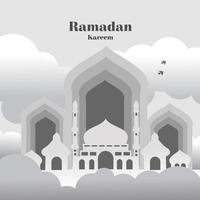 ramadan kareem illustration with silhouette of mosque and gate on cloudy cloud background vector