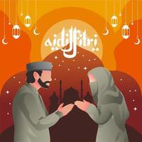 Ramadan poster with shaking hands character design, veiled woman and bearded man shaking hands