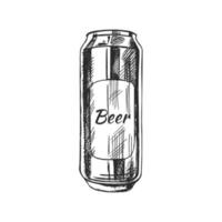 Hand-drawn sketch of beer can isolated on white background. Vector vintage engraved illustration.