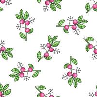 Cute branch with berries and leaves seamless pattern. Vector illustration.  Flat cartoon style.