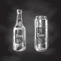 Hand-drawn sketch of beer can and bottle isolated on chalkboard  background, white drawing. Vector vintage engraved illustration.