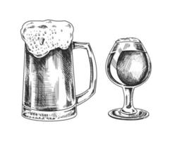 Hand-drawn sketch of  beer mug and glass of beer isolated on white background. Vector vintage engraved illustration.