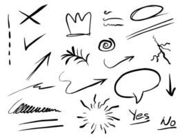 hand drawn set of abstract doodle elements with crown, crack, swirl, swoosh, scribble, starburst, arrow, text emphasis. isolated on white background. vector illustration