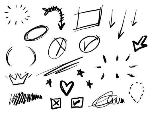 hand drawn set of abstract doodle elements with love, star, crown, swirl, swoosh, scribble, starburst, arrow, text emphasis. isolated on white background. vector illustration