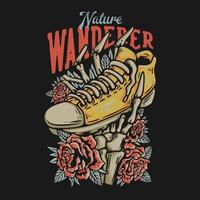 T Shirt Design Nature Wanderer With Skeleton Hand Holding A Shoe Vintage Illustration vector