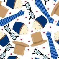 Seamless pattern of Father's Day. Glasses, tie, hat, cupcake. Vector illustraiton. Pattern for man.