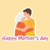 Square minimal card or sticker for Mother's Day. Mother and son are hugging. Vector illustration.