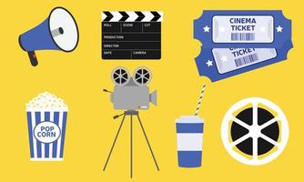 Set of cinema film production and watching. Camera, popcorn, tape, cinema ticket. Vector illustration.