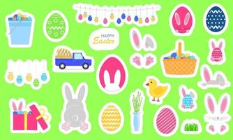 Set of stickers for Easter. Bright Easter symbols as rabbit, bunny, egg, spring, chick. Vector illustration