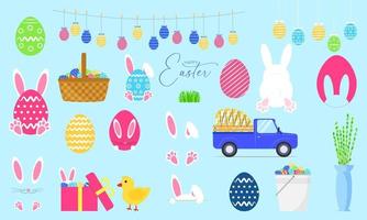 Set of Easter clip art. Symbols for Easter holiday. Bunny, egg, chicks, grass. Vector illustration