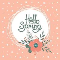 Hello spring. Hello summer. Fowers and leaves on pink background. vector
