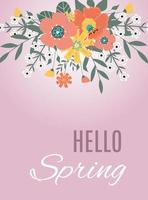 Hello spring. Hello summer. Fowers and leaves on purple background. vector