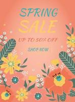 Hello spring. Sale banner with spring flowers, leaves on pink background. vector