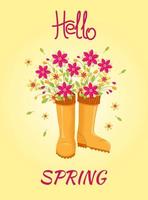 Hello spring. Spring flowers, branch with leaves in rubber boots. vector