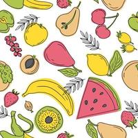 Seamless simple sketches of different kinds of fruits and berries. Vector freehand illustration isolated on white background