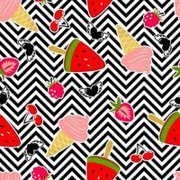 Summer ice cream pattern with berries and heart. Vector seamless background with strawberry, cherry, ice cream cone and hearts