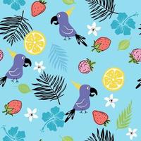 Summer seamless pattern with hand drawn doodle flowers, leaves, fruits and birds. Vector illustration.