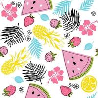 Seamless simple fruits, berries and simple flowers and leaves. Bright summer illustration isolated on white background vector