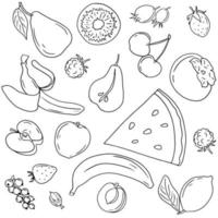 Natural product. Set of various doodles, hand drawn rough simple sketches of different kinds of fruits and berries. Vector freehand illustration isolated on white background