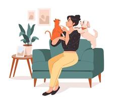 mascota dueño. un joven mujer es sentado en un silla y jugando con su mascotas. plano vector ilustración.