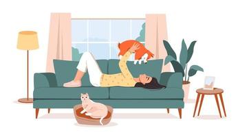 Pet owner. The girl is lying on the couch with her pets. A cat and a dog are resting on the sofa with their owner. Flat vector illustration.