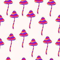 Seamless pattern with mushrooms in bright rainbow waves in hippie style. Retro vector