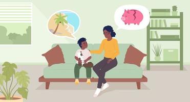 Insufficient funds to afford family holiday flat color vector illustration. Sad mother with son. Hero image. Fully editable 2D simple cartoon characters with living room interior on background