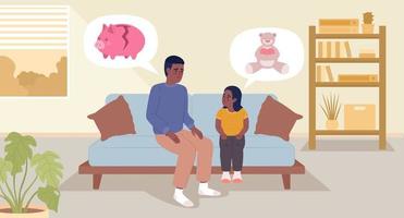 Lack of financial resources to afford plush toy flat color vector illustration. Unhappy father with daughter. Hero image. Fully editable 2D simple cartoon characters with living room on background