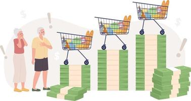 Inflation impacting on grocery prices 2D vector isolated spot illustration. Stressed elderly couple flat characters on cartoon background. Colorful editable scene for mobile, website, magazine