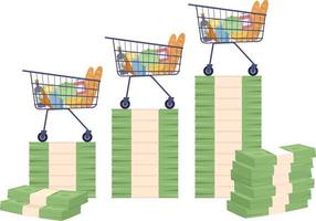 Shopping carts standing on banknotes stack flat concept vector spot illustration. Editable 2D cartoon object on white for web design. Inflation in economics creative idea for website, mobile, magazine